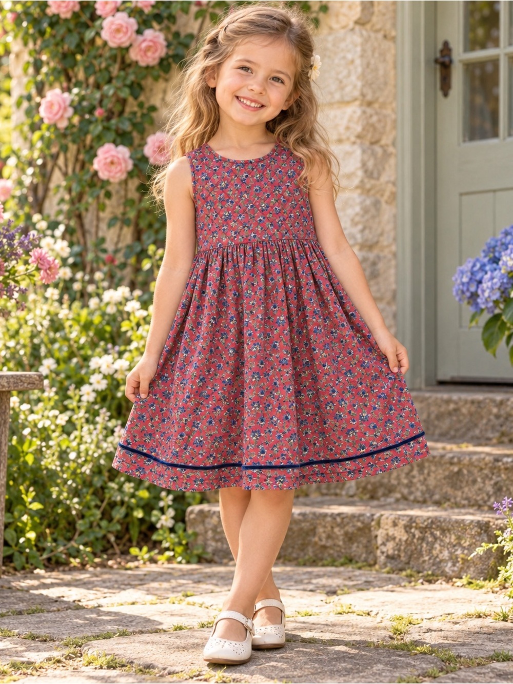 April Cornell Girls 5/6 Floral Cotton Dress Quilted Bodice Cottagecore Midi Soft